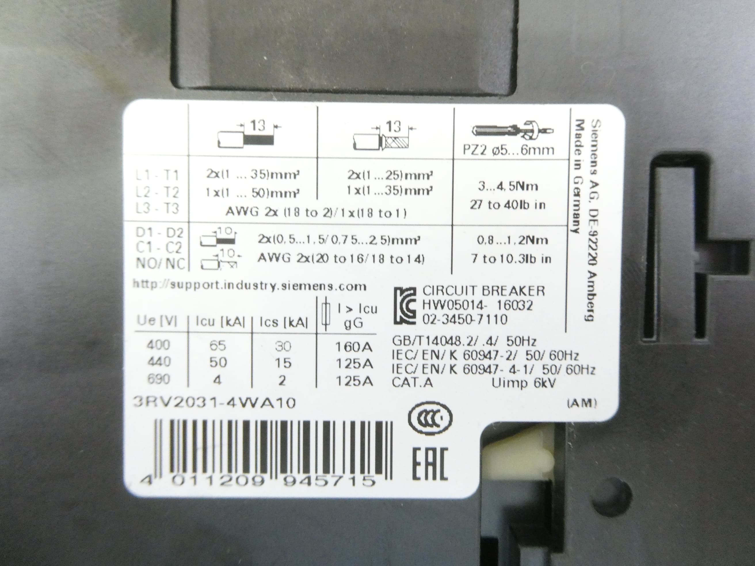 SIEMENS 3RV2031-4WA10 LEISTUNGSSCHALTER *E01*