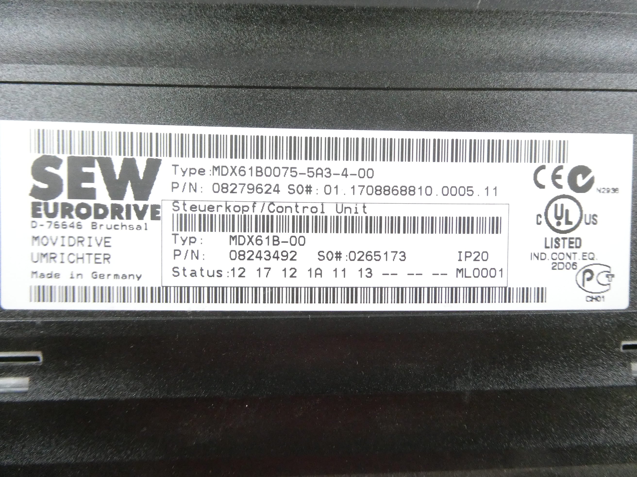 SEW EURODRIVE MDX61B0075-5A3-4-0T MOVIDRIVE FREQUENZUMRICHTER + MDX60A0074-5A3-4-00 STEUERKOPF S/N: 0714330