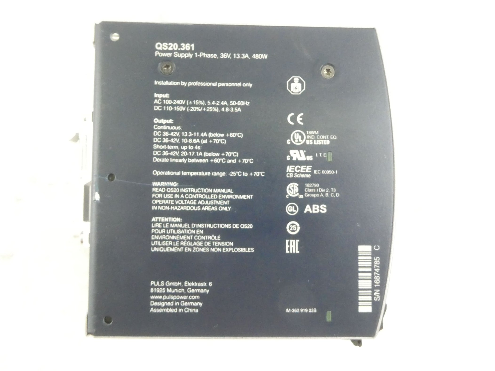 PULS QS20.361 (36V 13.3A 480W) DIMENSION POWER SUPPLY 1-PHASE NETZTEIL