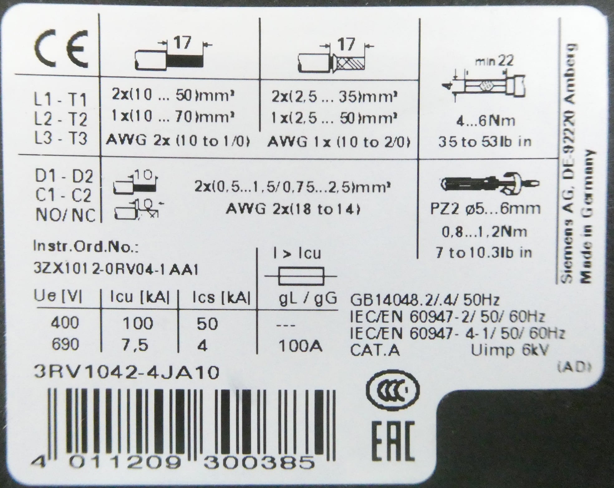 SIEMENS SIRIUS 3RV1042-4JA10 LEISTUNGSSCHALTER