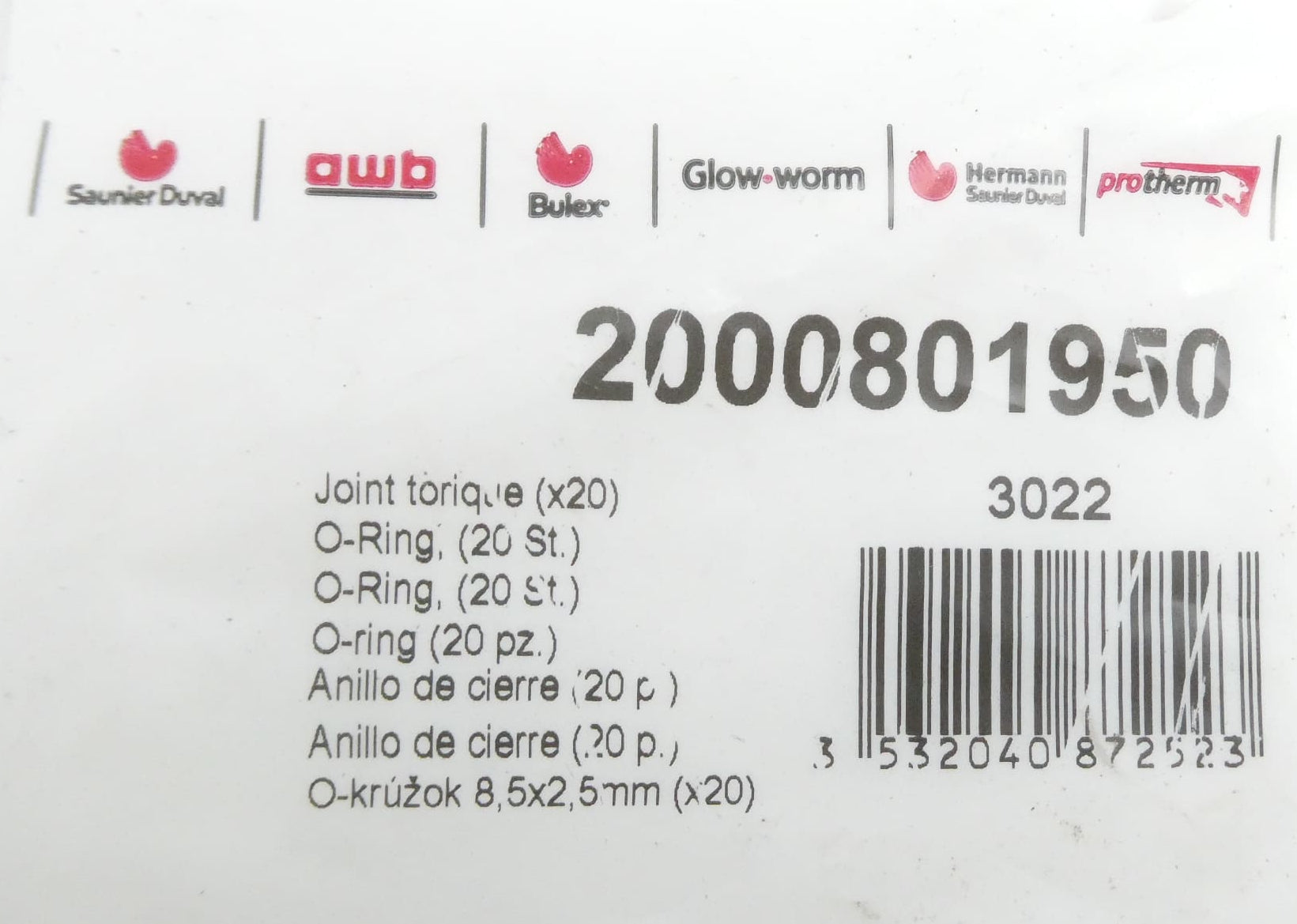 Saunier Duval 2000801950 O-Ring 8,5x2,5mm set of 20