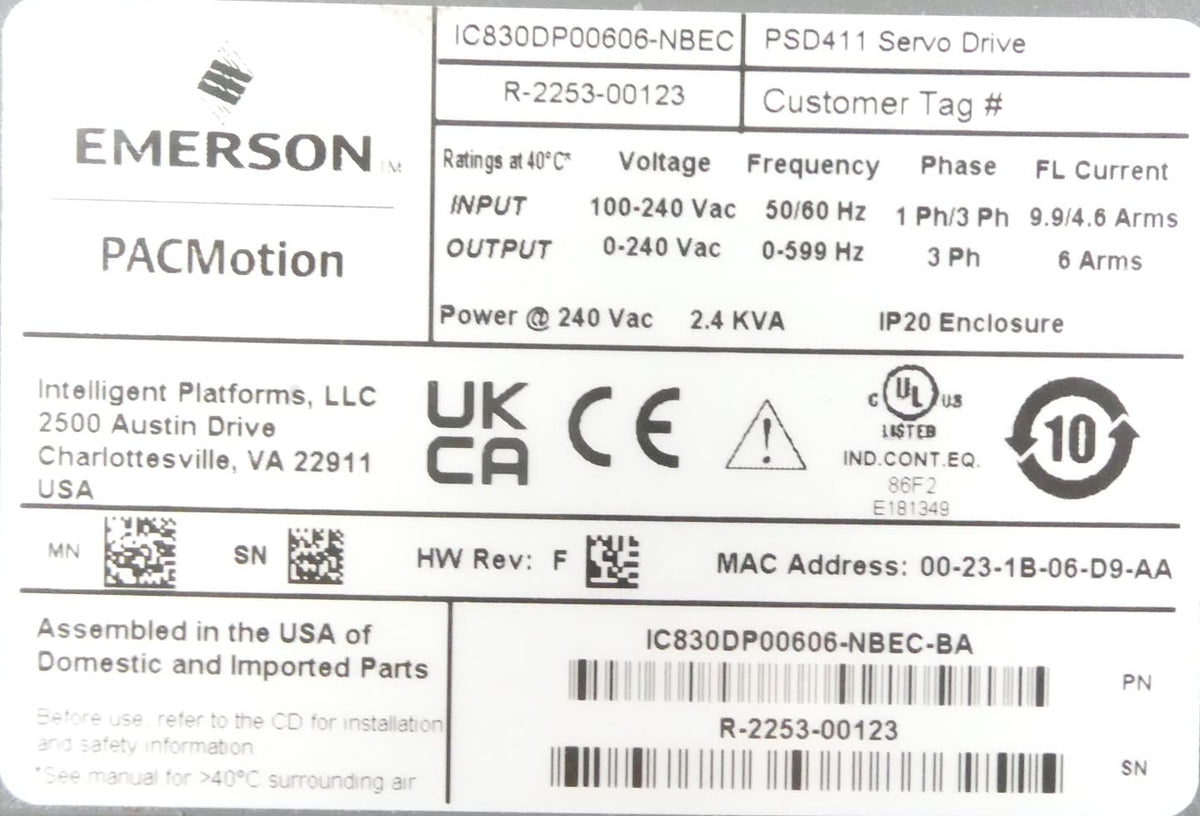 Emerson IC830DP00606-NBEC-BA PACMotion PSD411 Servoantrieb