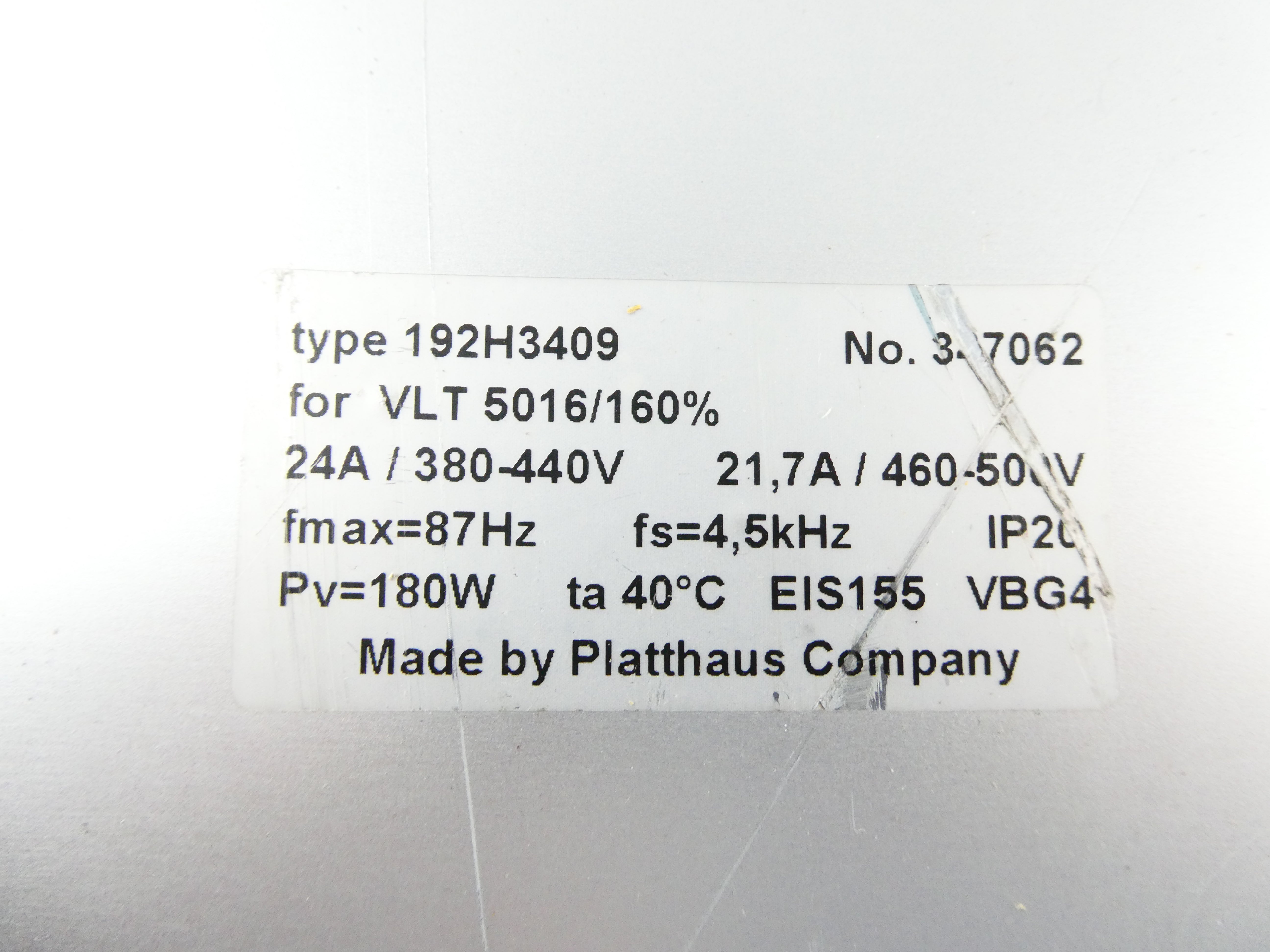 PLATTHAUS COMPANY Type: 192H3409 for VLT5016/160% NETZFILTER