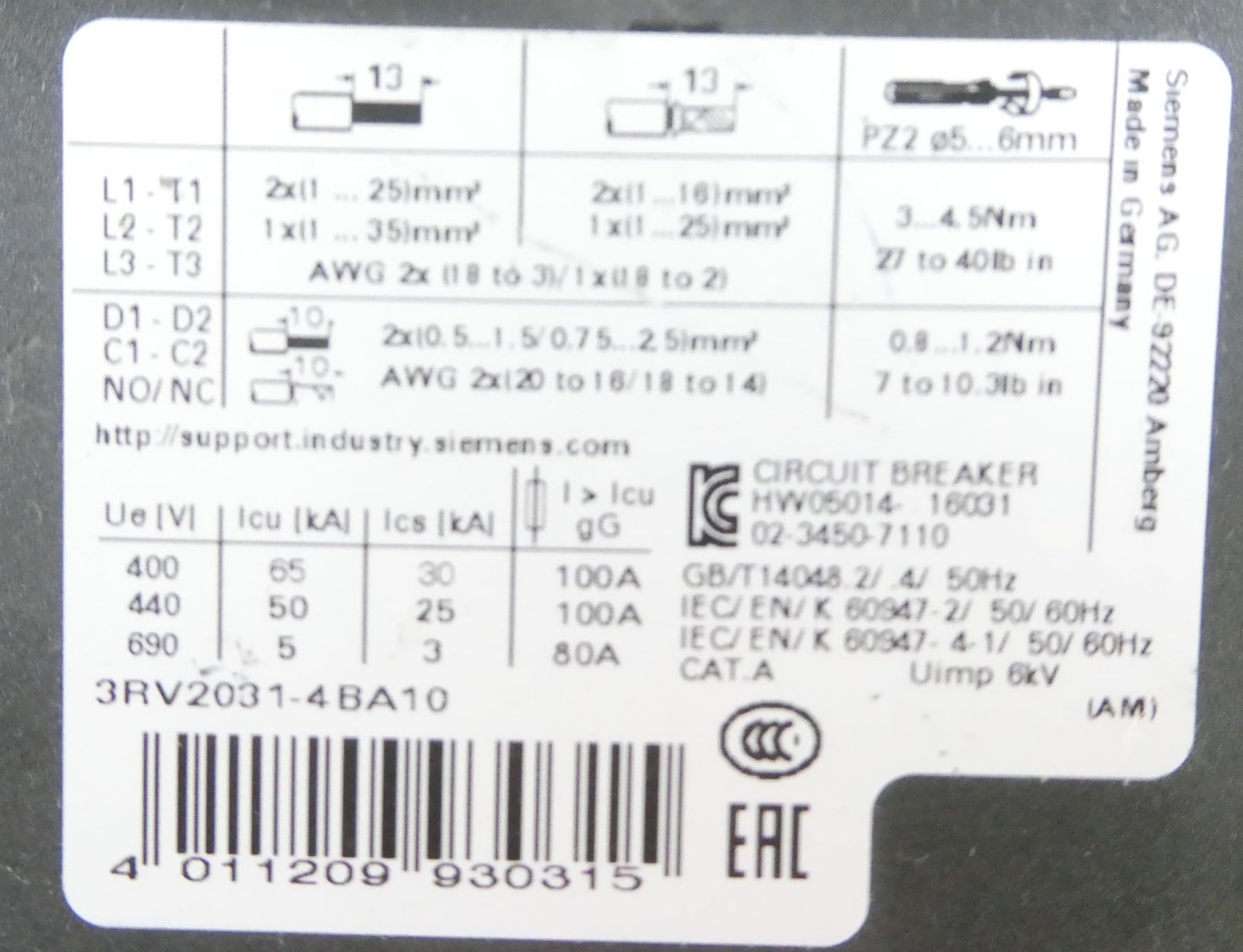 SIEMENS 3RV2031-4BA10 LEISTUNGSSCHALTER *E01*