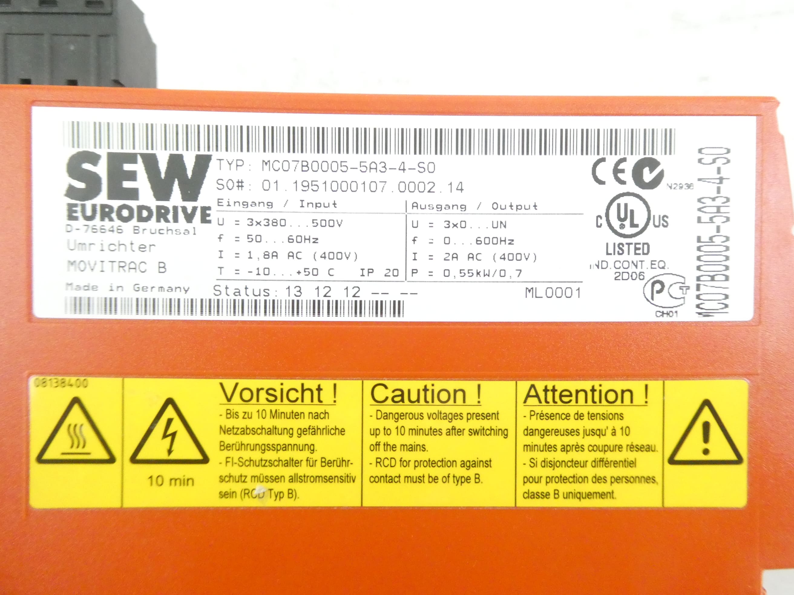 SEW EURODRIVE MC07B0005-5A3-4-S0 MOVITRAC B FREQUENZUMRICHTER