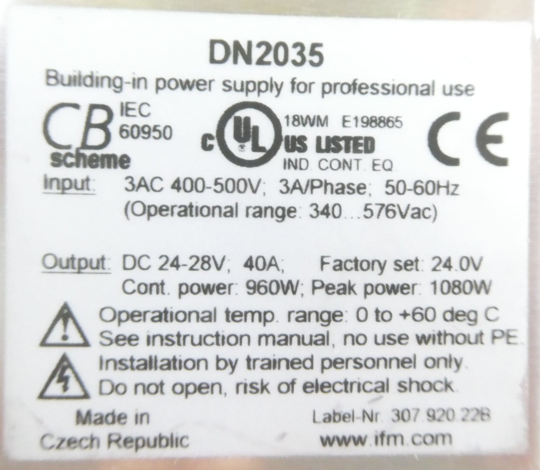 IFM ELECTRONIC DN2035 POWER SUPPLY DC24V/40A