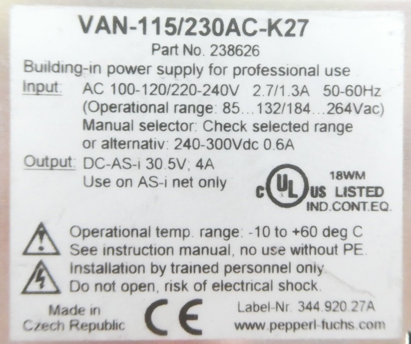 PEPPERL+FUCHS VAN-115/230AC-K27 (238626) NETZTEIL