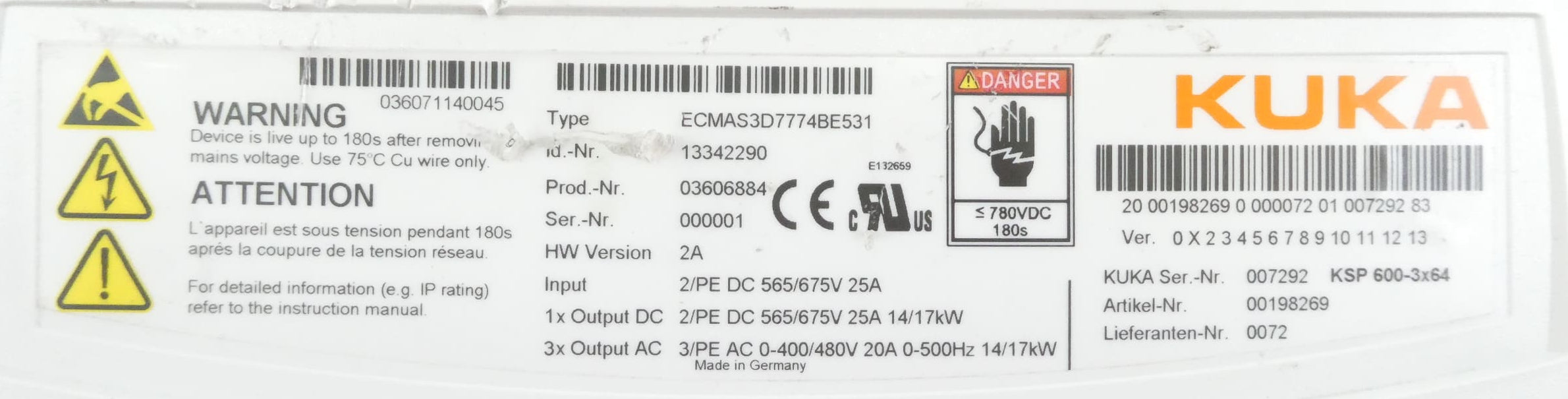 KUKA ECMAS3D7774BE531 SERVOANTRIEB HW Version 2A 565/575V 25A