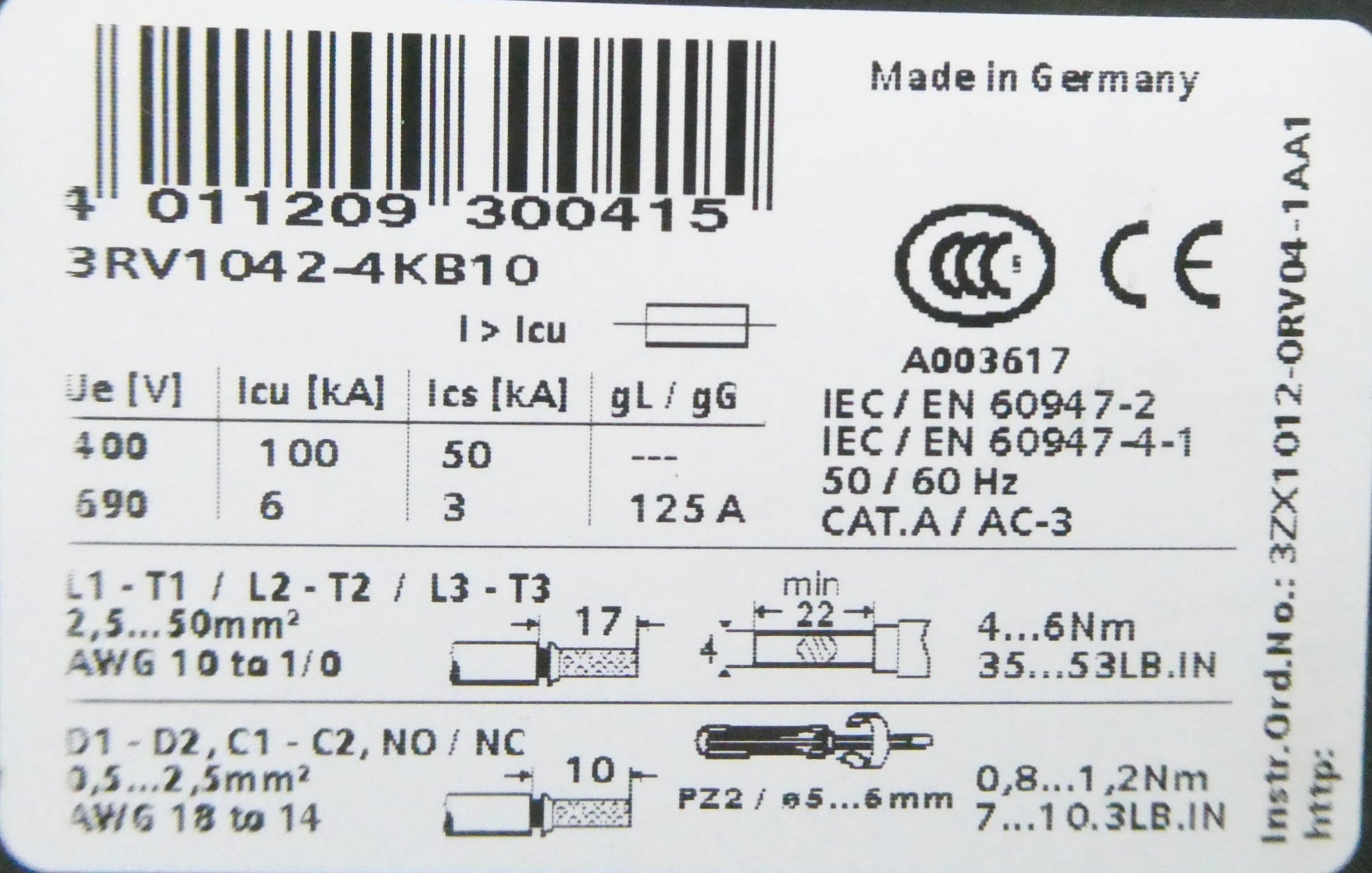 SIEMENS SIRIUS 3RV1042-4KB10 LEISTUNGSSCHALTER