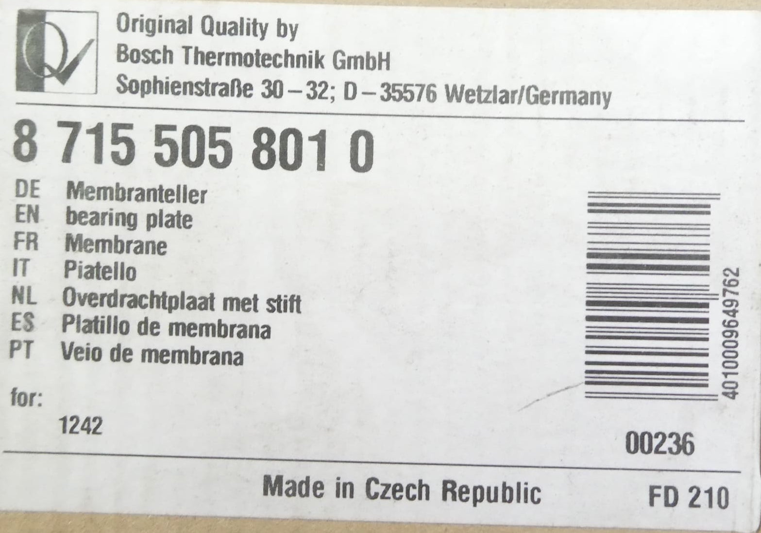 JUNKERS / BOSCH 87155058010 MEMBRANTELLER