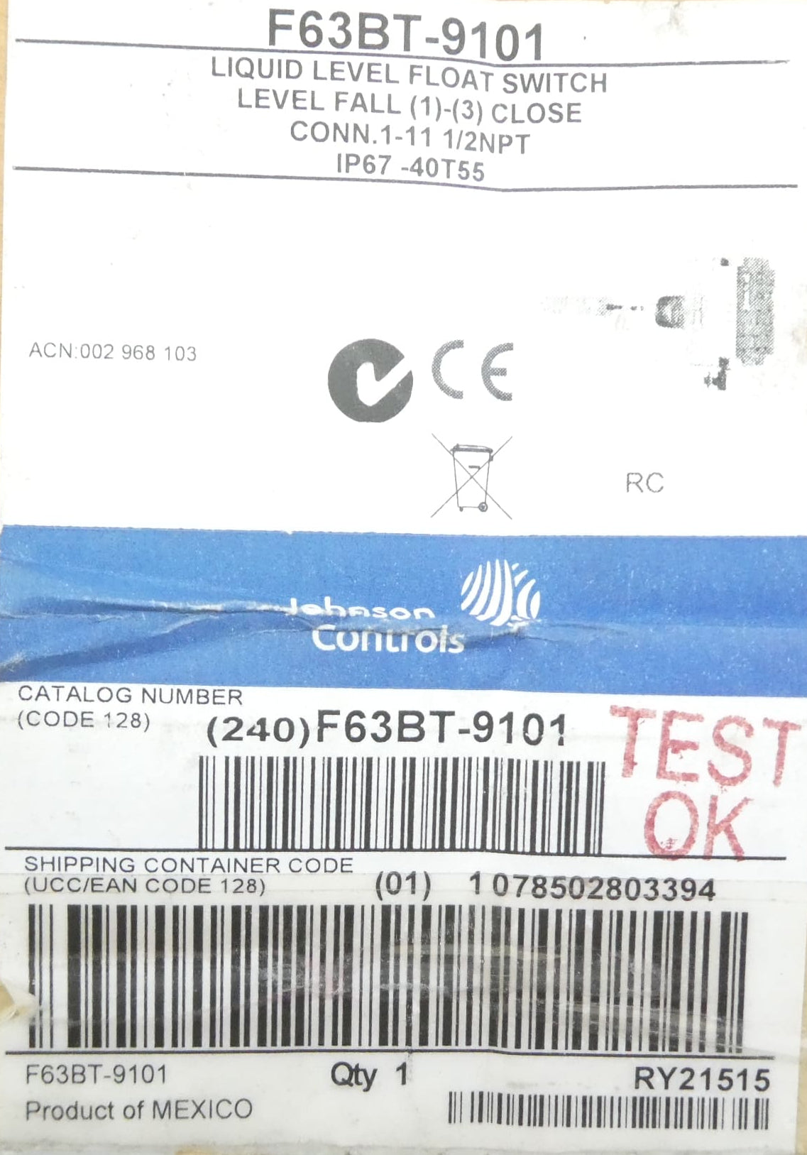 JOHNSON CONTROLS F63BT-9101 LIQUID LEVEL FLOAT SWITCH