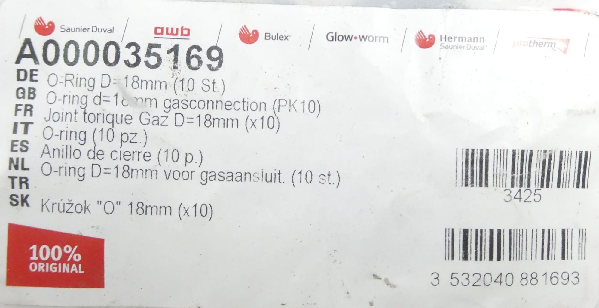 Saunier Duval A000035169 O-Ring D=18mm set of 10