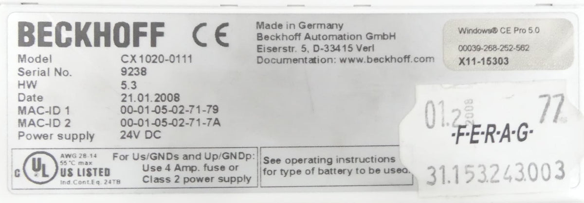 Beckhoff CX1020-0111 CPU Modul + CX1020-N000 + CX1020-N010