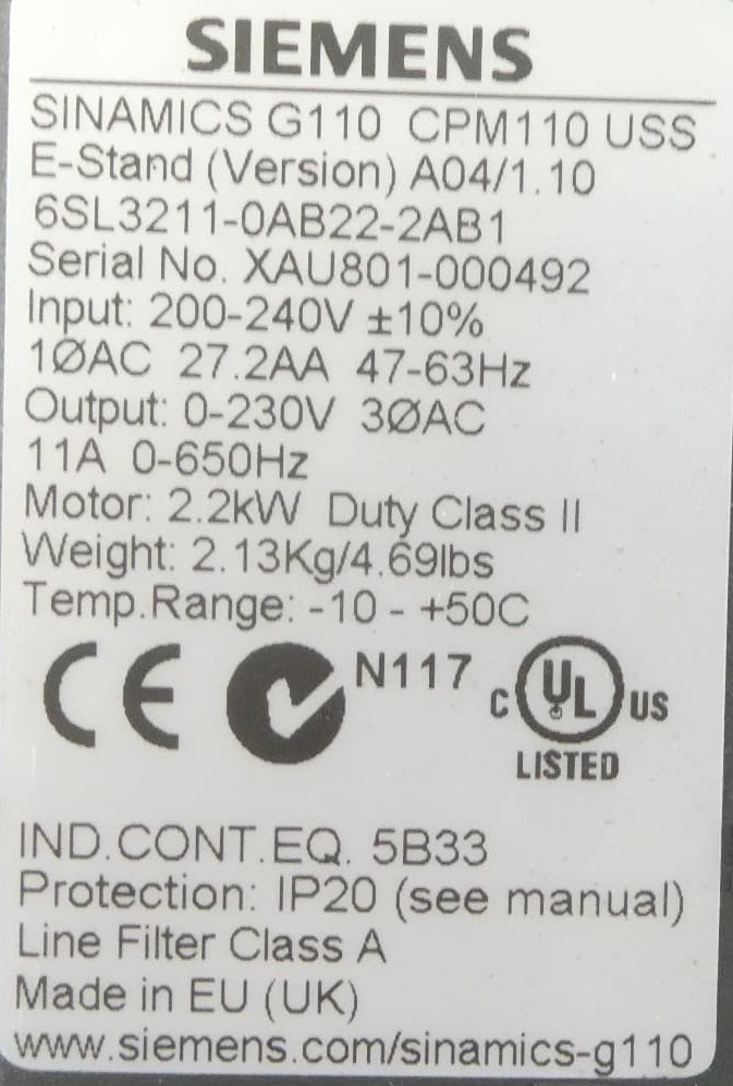 Siemens 6SL3211-0AB22-2AB1 SINAMICS G110 CPM110 USS