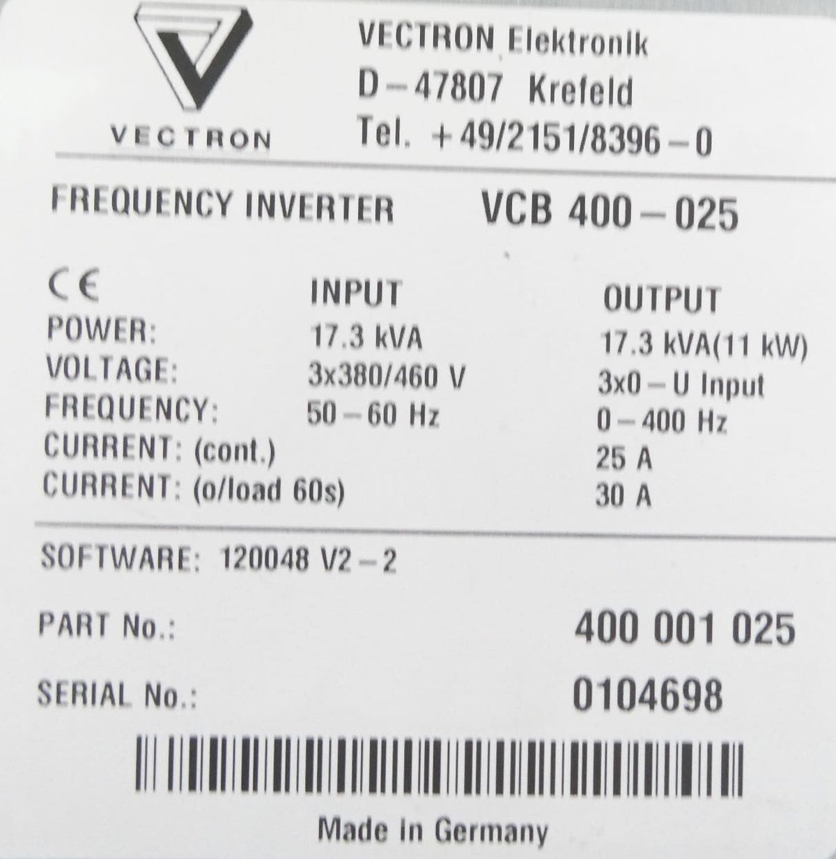 Vectron VCB 400-025 Frequenzumrichter 400001025 SN: 0104698