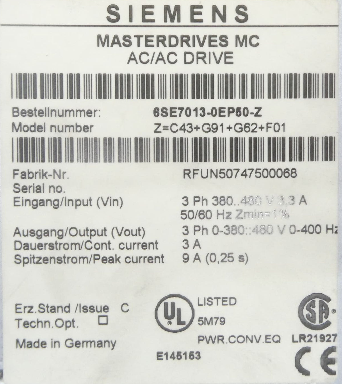 Siemens 6SE7013-0EP50-Z Masterdrives AC/AC Drive Z=C43+G91+G62+F01